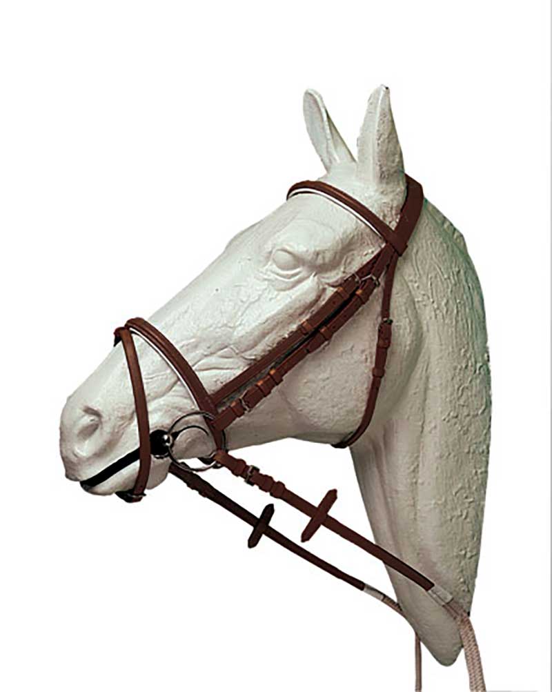Brida anglaise en cuir marron foncé avec muserolle simple et Rênes en caoutchouc blanche pour poney (C et D) - Lexhis
