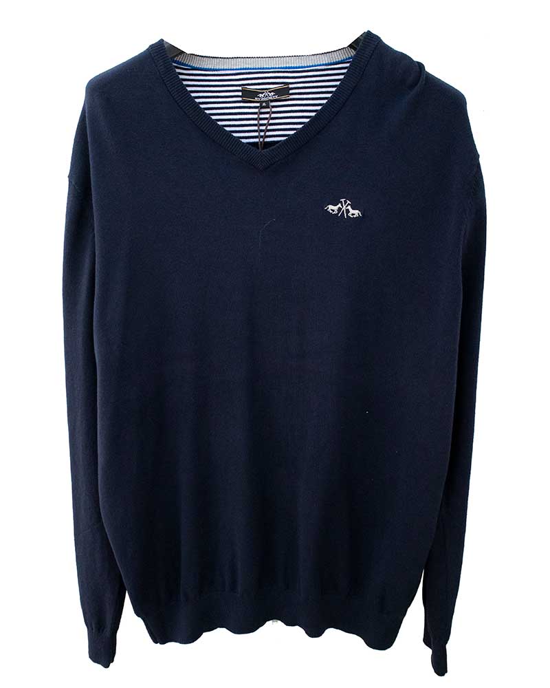 Navy blue fine knit sweater with beige elbow patches for men - Bailey - HV Polo