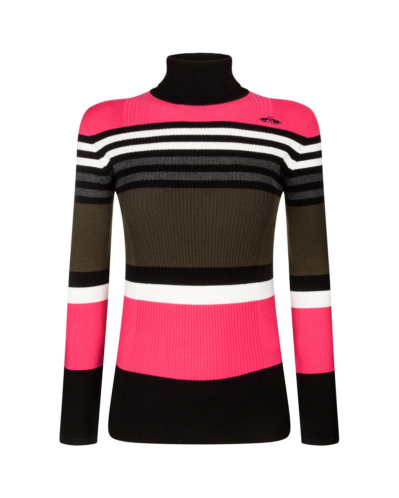 Pull fin en maille à col haut et diseño à rayures en fuchsia et noir pour femme Ofelia - HV Polo