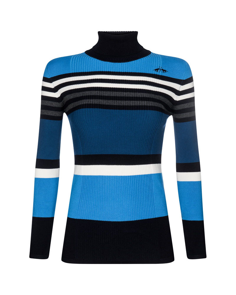 Fine knit high-neck sweater with blue striped design for women - Ofelia - HV Polo