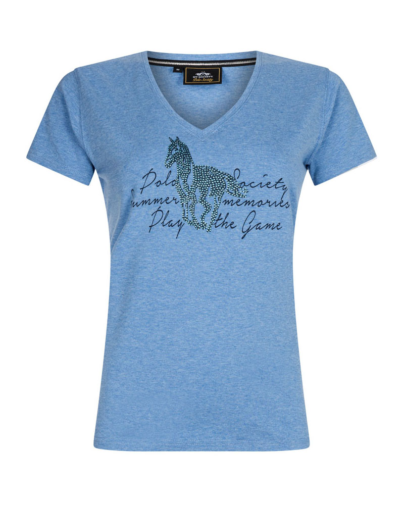 T-shirt bleu clair à manches courtes avec col en V et à strass pour fille - Charon -HV Polo