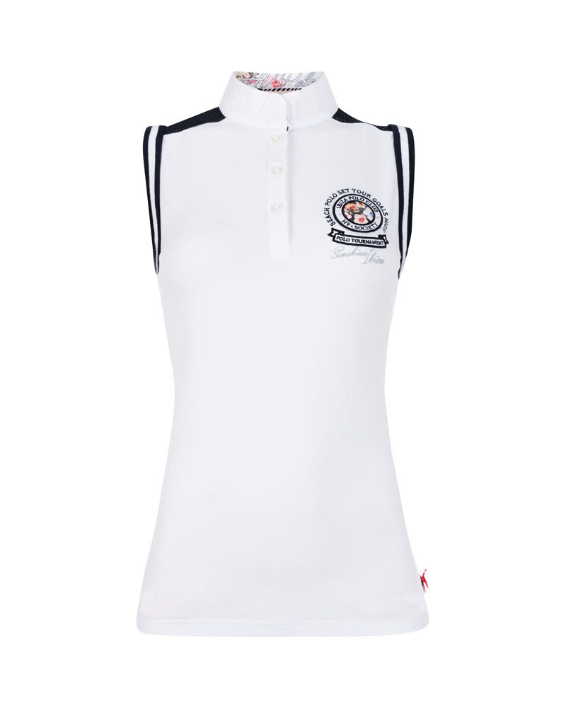 White competition polo shirt with navy mesh shoulders, sleeveless, for women - Lori - HV Polo