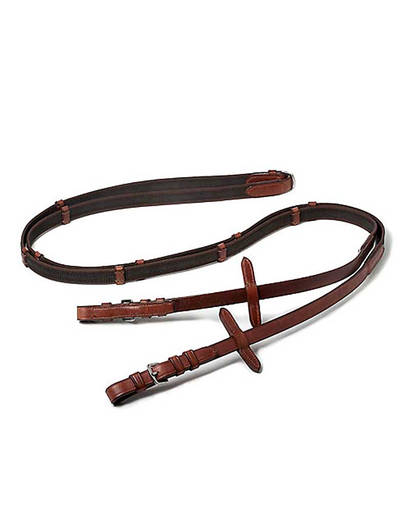 Rênes en cuir et toile caoutchoutée de 16 mm marron clair/noisette pour cheval - Lexhis