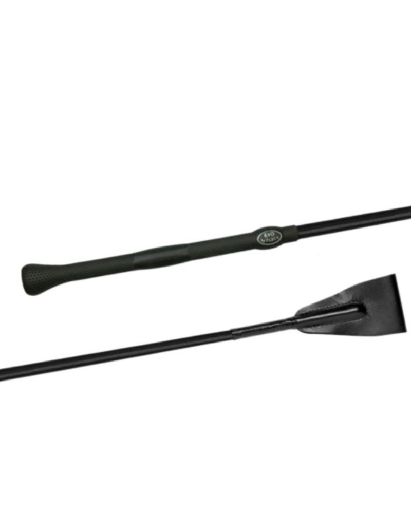 Black jumping crop (60cm) with rubber handle and EVO-GRIP leather tab by Fleck