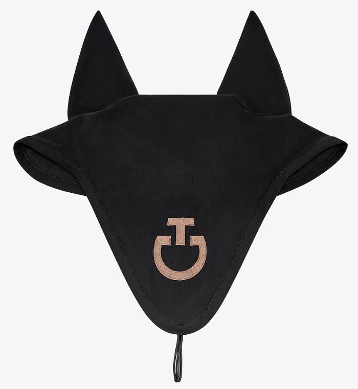 Black long soundless horse earnet with light brown embroidered logo - Cavalleria Toscana