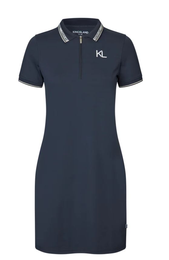 Navy Blue Short-Sleeve Piqué Polo Dress with Gold Details and Front Half-Zip for Women – KLNaira – Kingsland