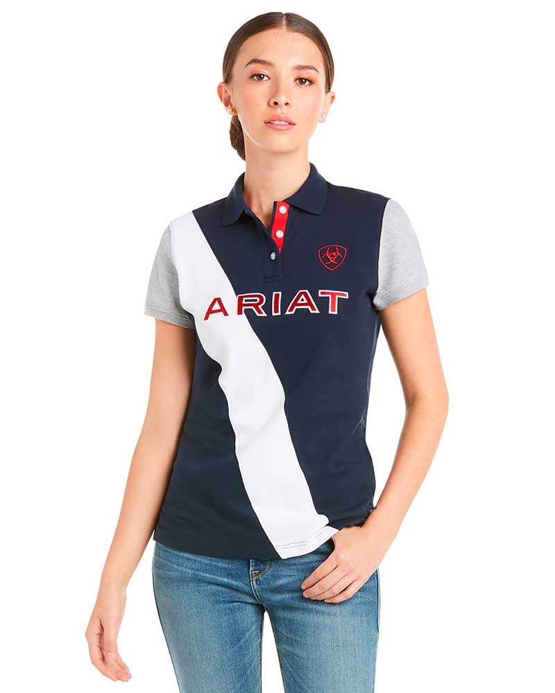 Polo de piqué de manga corta azul marino, blanco y gris para mujer - Taryn - ARIAT
