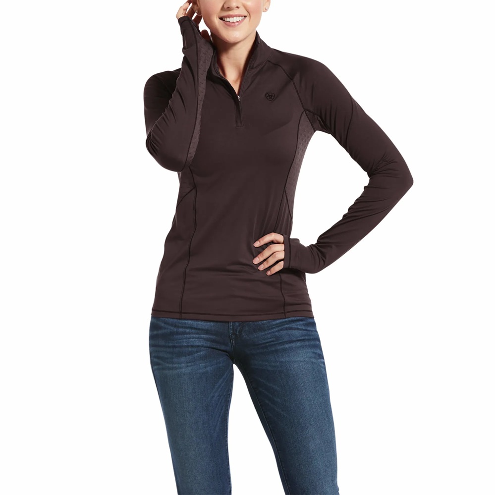 Brown long-sleeved polo with embroidered logo on upper right front for women - Lowell 2.0 - ARIAT