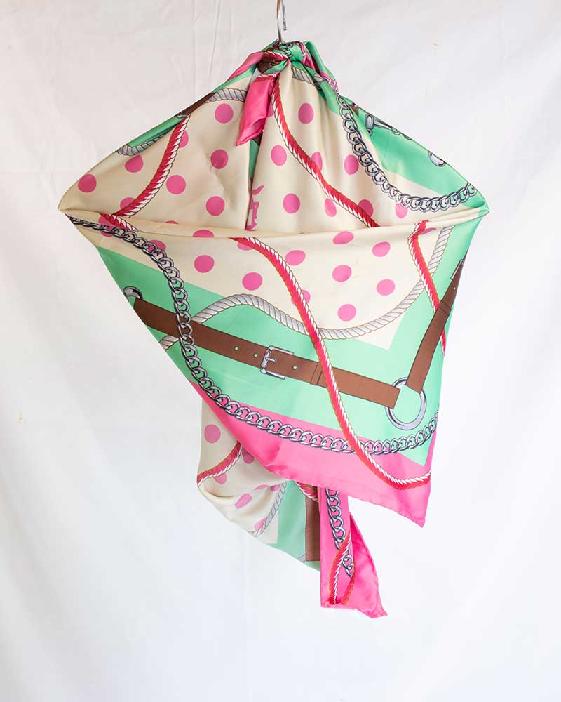 Silky-touch scarf 90x90cm with equestrian motifs and polka dots in green, pink, beige, and brown – Alexandre – HV Polo