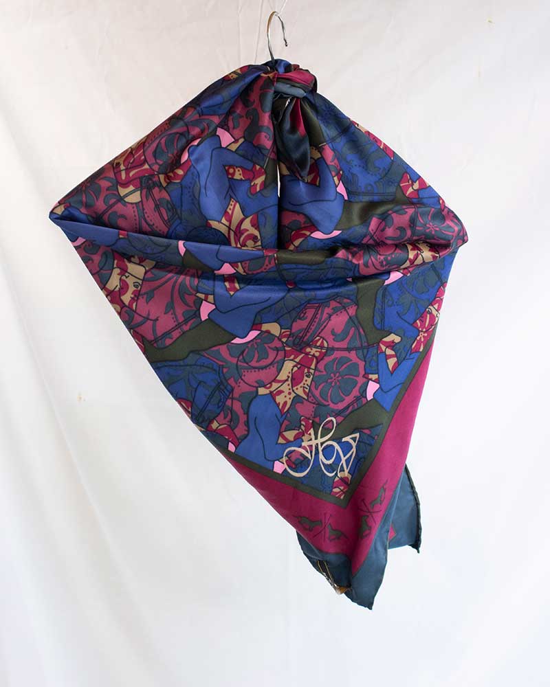 Silky-touch scarf 90x90cm with equestrian motifs in pink, navy blue, beige, and black – Annan – HV Polo