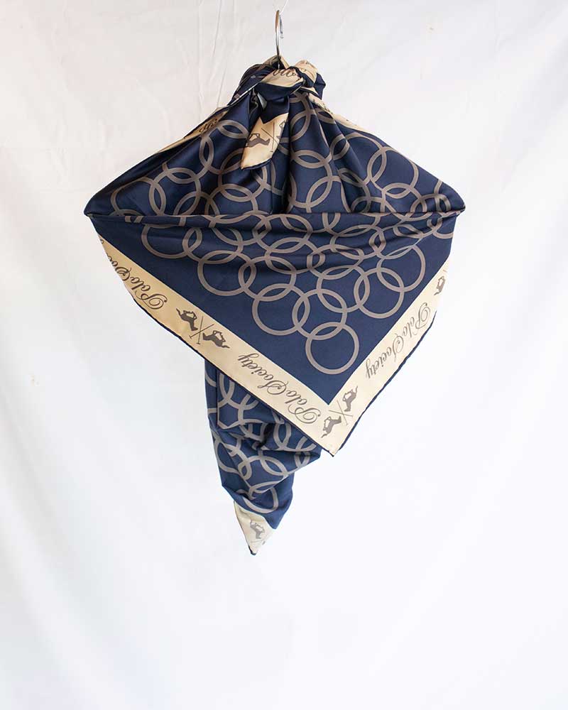 Silky-touch scarf 90x90cm navy blue with rings and beige border Circle model by HV Polo
