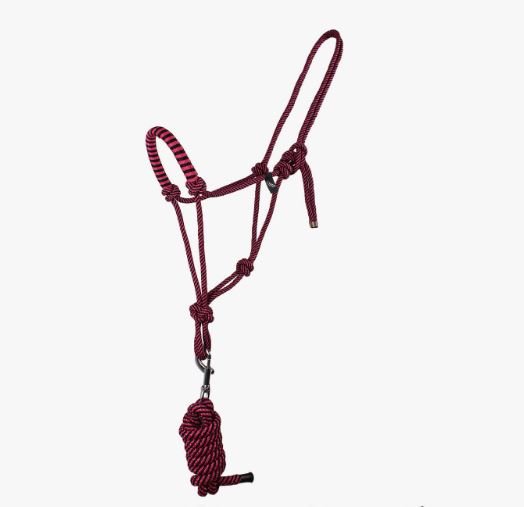 Licol d'écurie rose et noir en corde et avec longe pour cheval - QHP