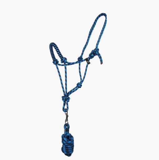 Licol d'écurie bleu et noir en corde et avec longe pour cheval - QHP