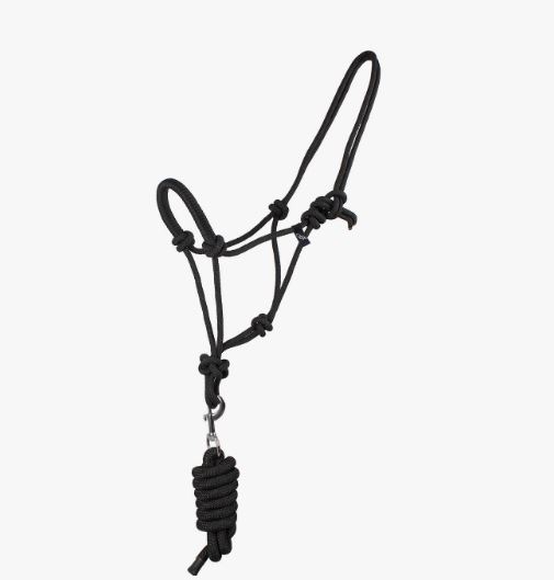 Cabezada de cuadra negra de cuerda y con ramal para caballo - QHP