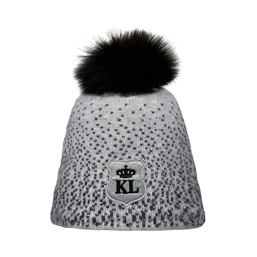 Light Gray and Black Fine Knit Hat with Pompom, Rhinestones &amp; Fleece Lining – Chignik – Kingsland