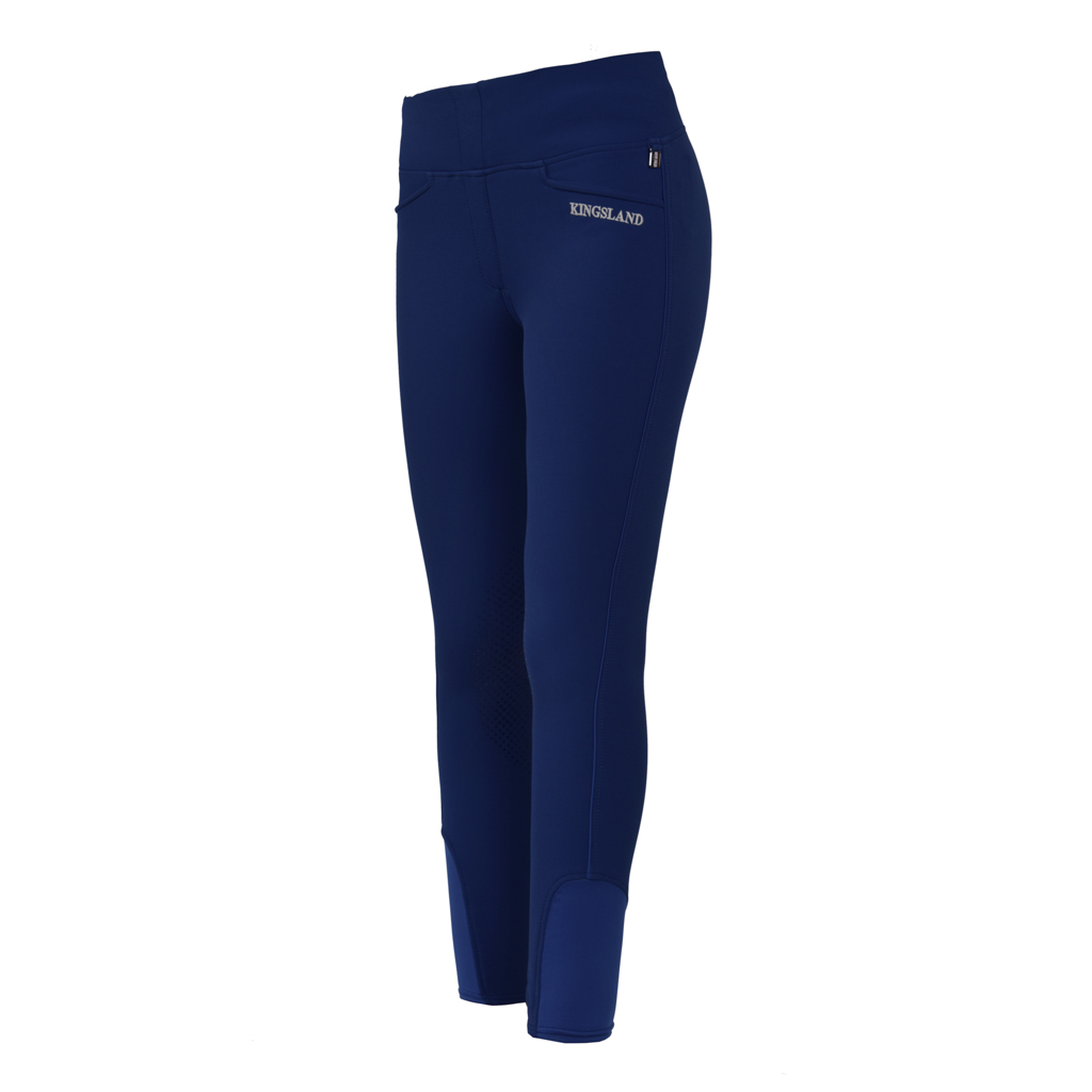 Blue pull-on pants with wide elastic waistband and silicone knee grip – Katja model by Kingsland