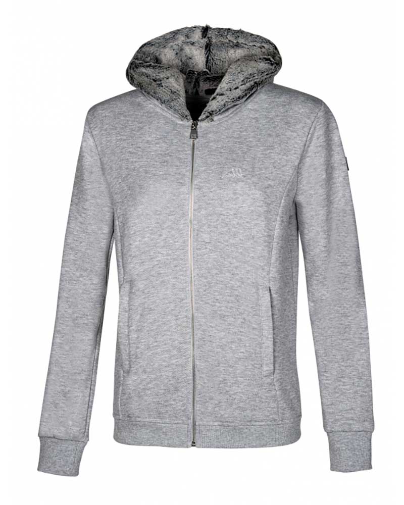 Sudadera polar gris claro con cremallera y capucha de pelo sintético para mujer - Kia - Equiline