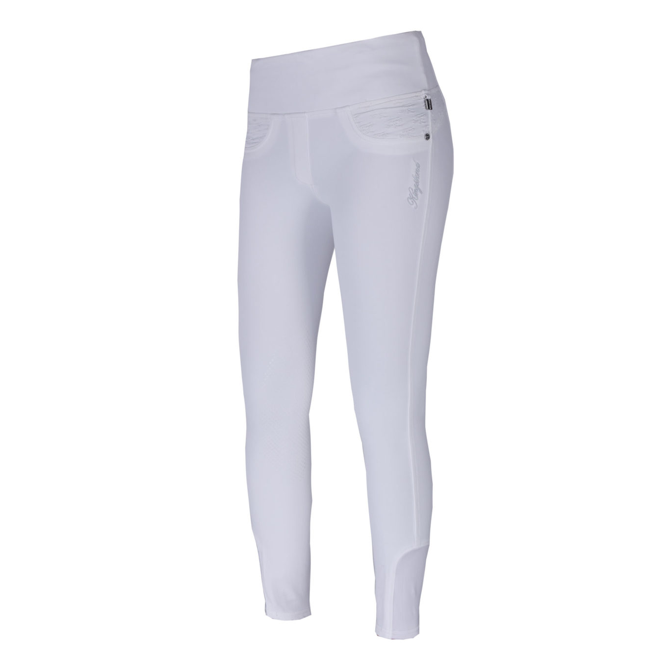 White pull-on pants with wide elastic waistband and silicone knee grip – Katja model by Kingsland