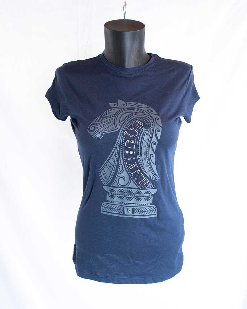 Short-sleeve navy t-shirt with illustration and rhinestones for women - Fusion - Equiline