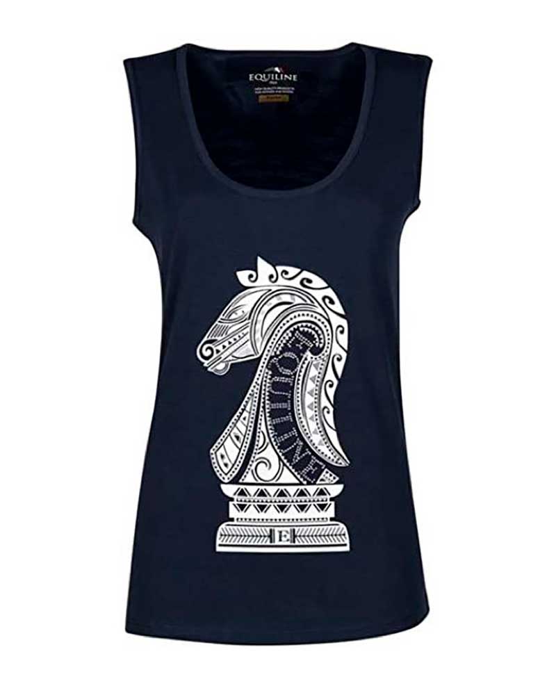 Sleeveless navy t-shirt with illustration and rhinestones for women - Pearl - Equiline
