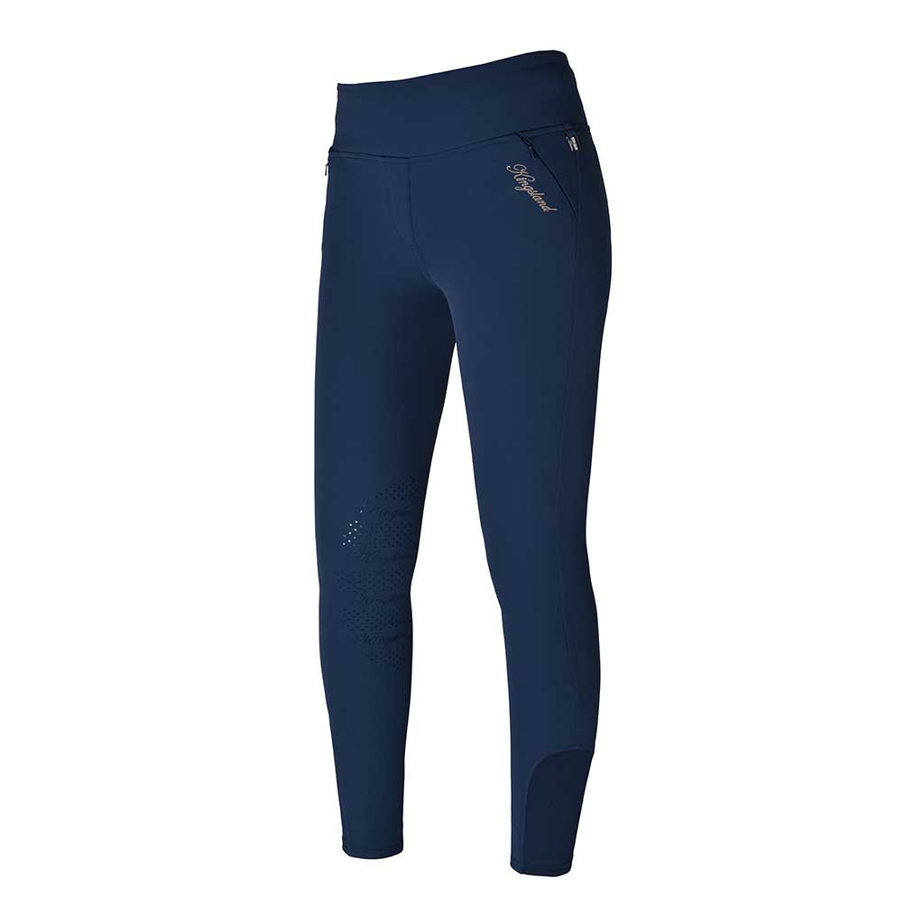 Navy blue pull-on pants with wide elastic waistband and silicone knee grip – Katja model by Kingsland