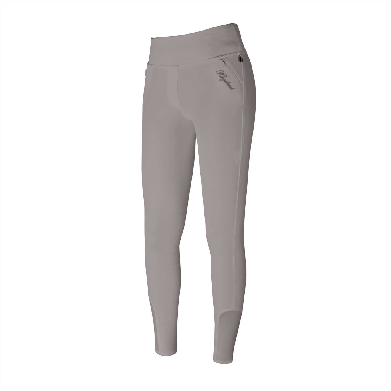 Beige pull-on riding pants with wide elastic waistband and knee silicone grip – Katja model by Kingsland