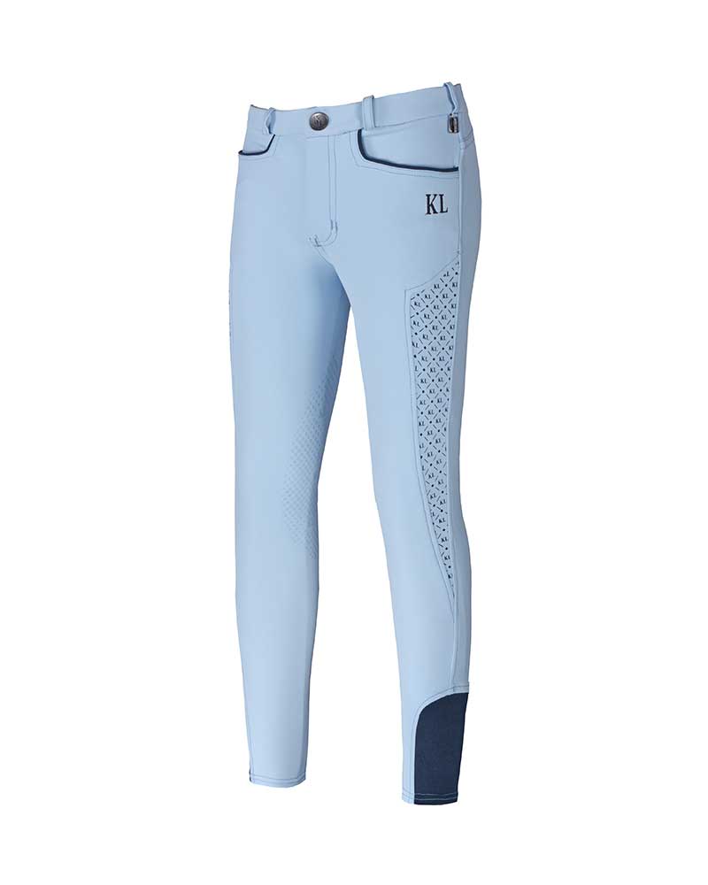 Light blue breeches with monogram print and knee grip for girl – Kaila model by Kingsland