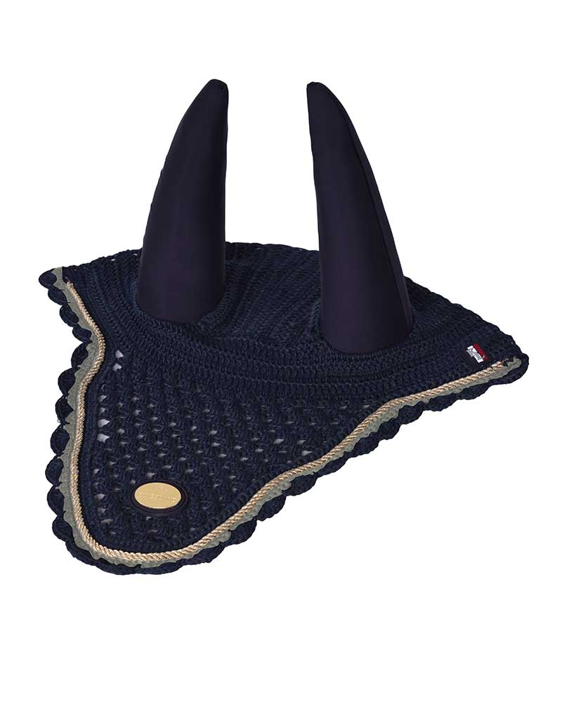 Orejeras de crochet azul marino y dorada con orejas elásticas para caballo - Nue - Kingsland