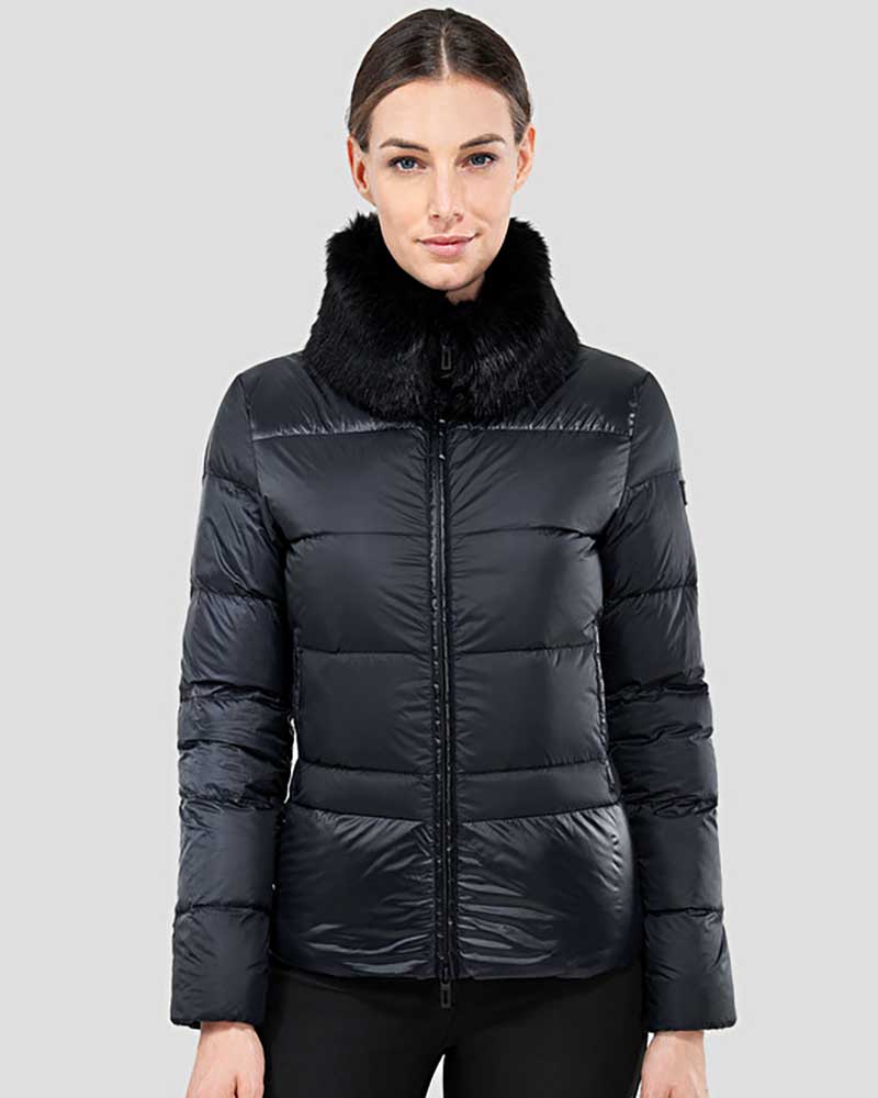 Black down coat with synthetic fur collar for women - Owl - Equiline
