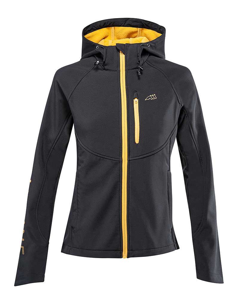 Women’s black and mustard softshell jacket with hood – Raisa – Equiline