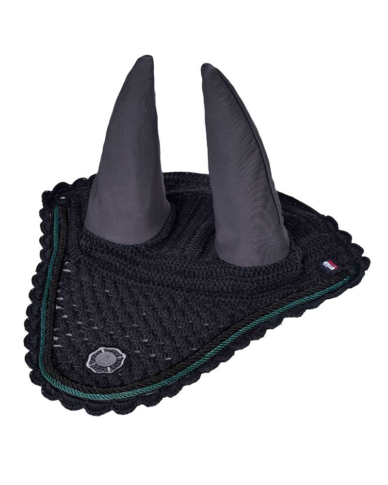 Bonnet en crochet gris foncé et cordon vert avec oreilles élastiques pour cheval - KLambler - Kingsland