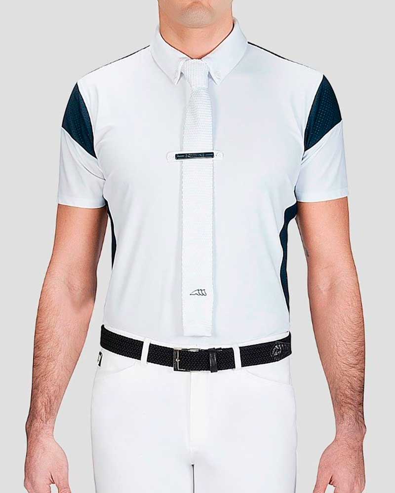 Men’s short-sleeved white competition polo shirt with navy mesh – Siamon – Equiline