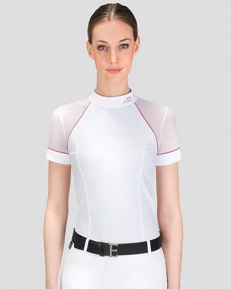 Polo de compétition à manches courtes blanc avec bordures fuchsia et manches de maille pour femme Giselle - Equiline