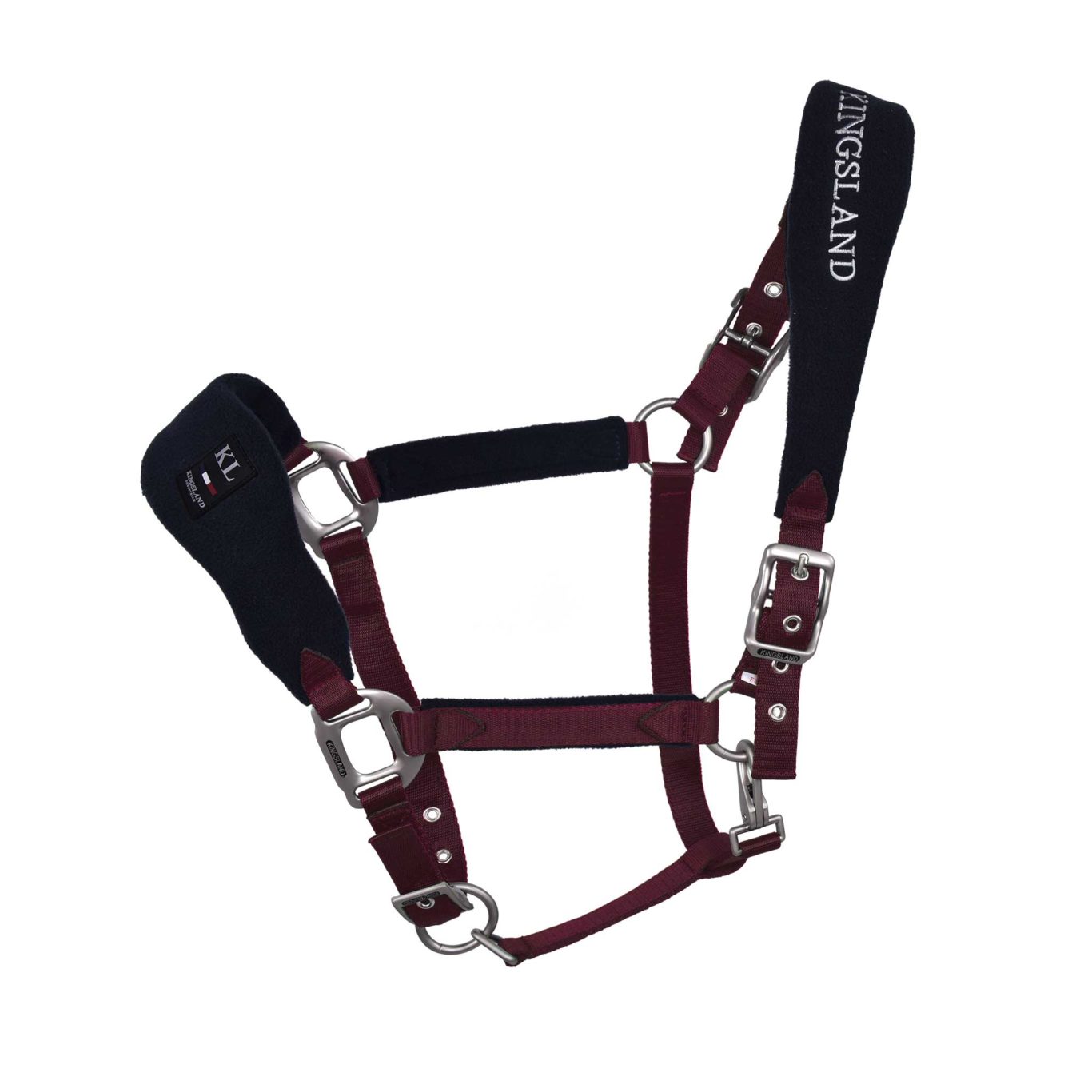 Burgundy stable halter with navy blue fleece noseband for pony model Angie by Kingsland