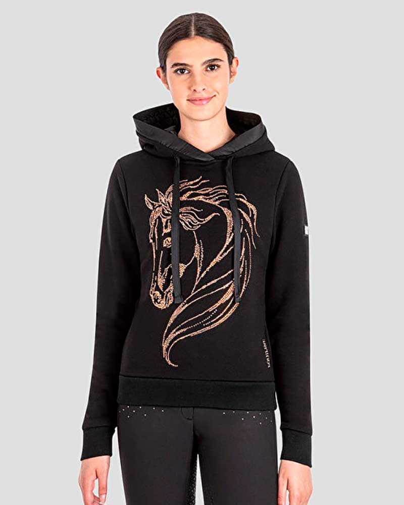 Sweat polaire noire avec capuche et brillants cobrizos pour femme - Glamour - Equiline