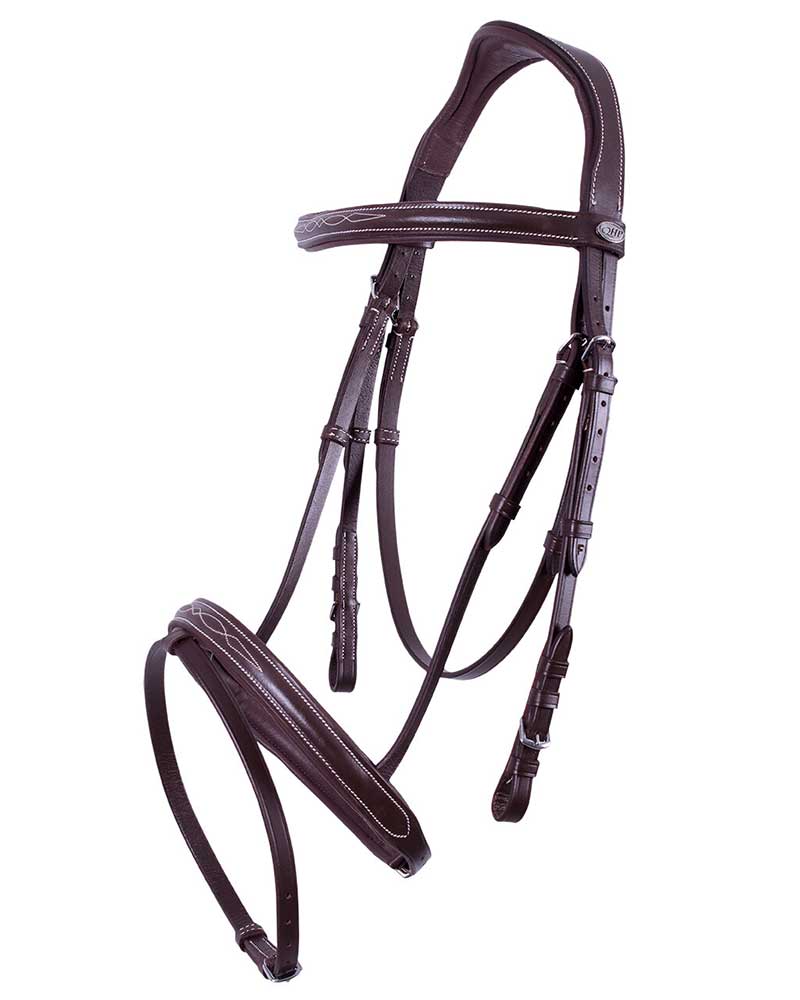 Dark Brown Leather Bridle with White Stitching and Reins for Horse and Pony - QHP