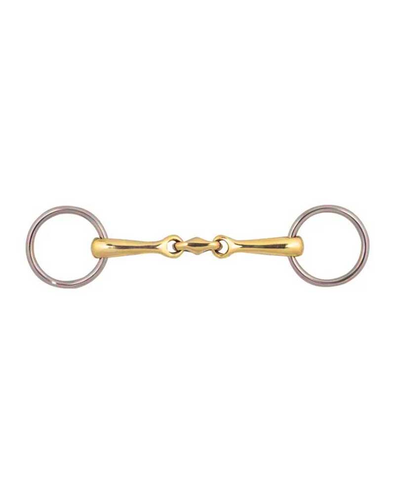 Mors de filet doré en inox à 3 pièces avec anneaux de 15mm et diamètre 4,6cm pour cheval - Zaldi