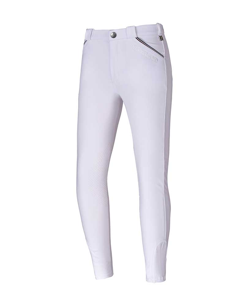 White Junior Unisex Competition Breeches with Tricolor Trim and Knee Grip - KLkonrad - Kingsland