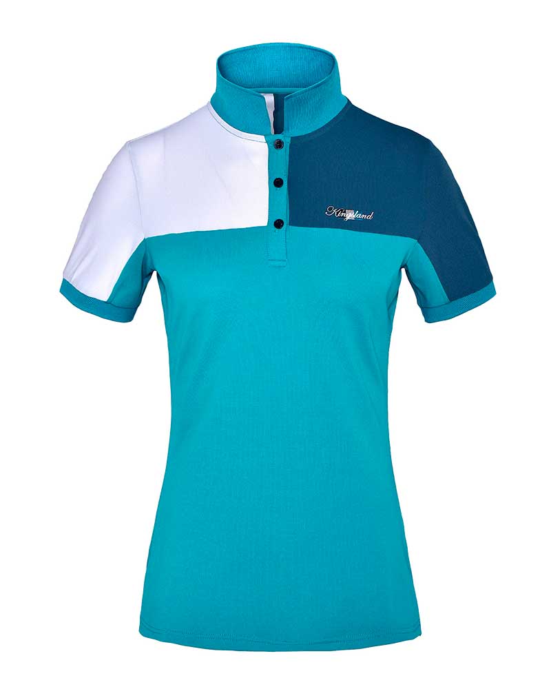 Turquoise (green lagoon), navy blue and white short-sleeved piqué polo shirt for women - KLjaney - Kingsland