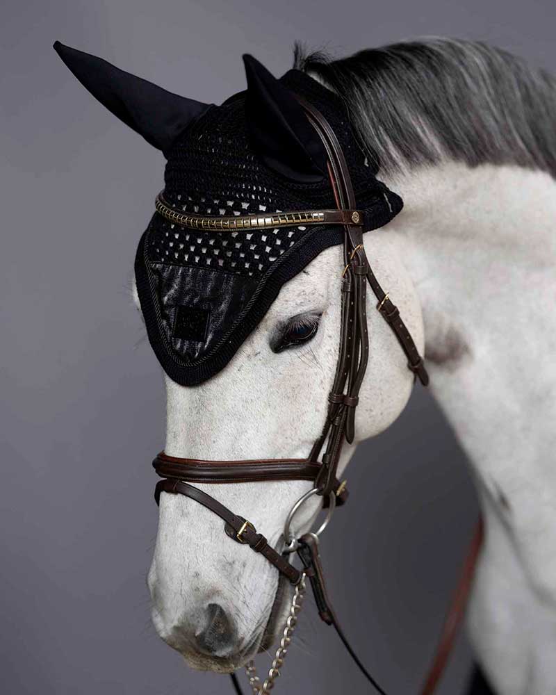 Black Crochet Ear Bonnet with Silk and Elastic Ears for Horse (Full &amp; Cob) - KLnixe - Kingsland