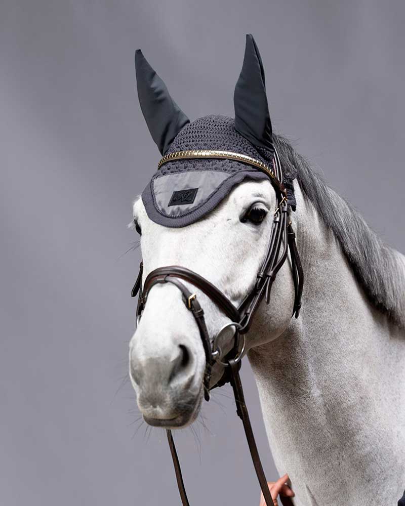 Grey Crochet Ear Bonnet with Silk and Elastic Ears for Horse (Full &amp; Cob) - KLnixe - Kingsland