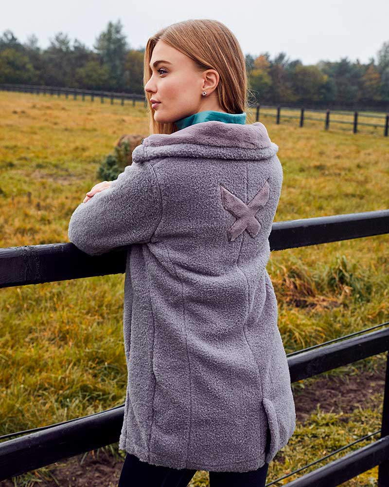 Women's Grey Long Wool Coat with Faux Fur Collar - KLtiffany - Kingsland Dressage