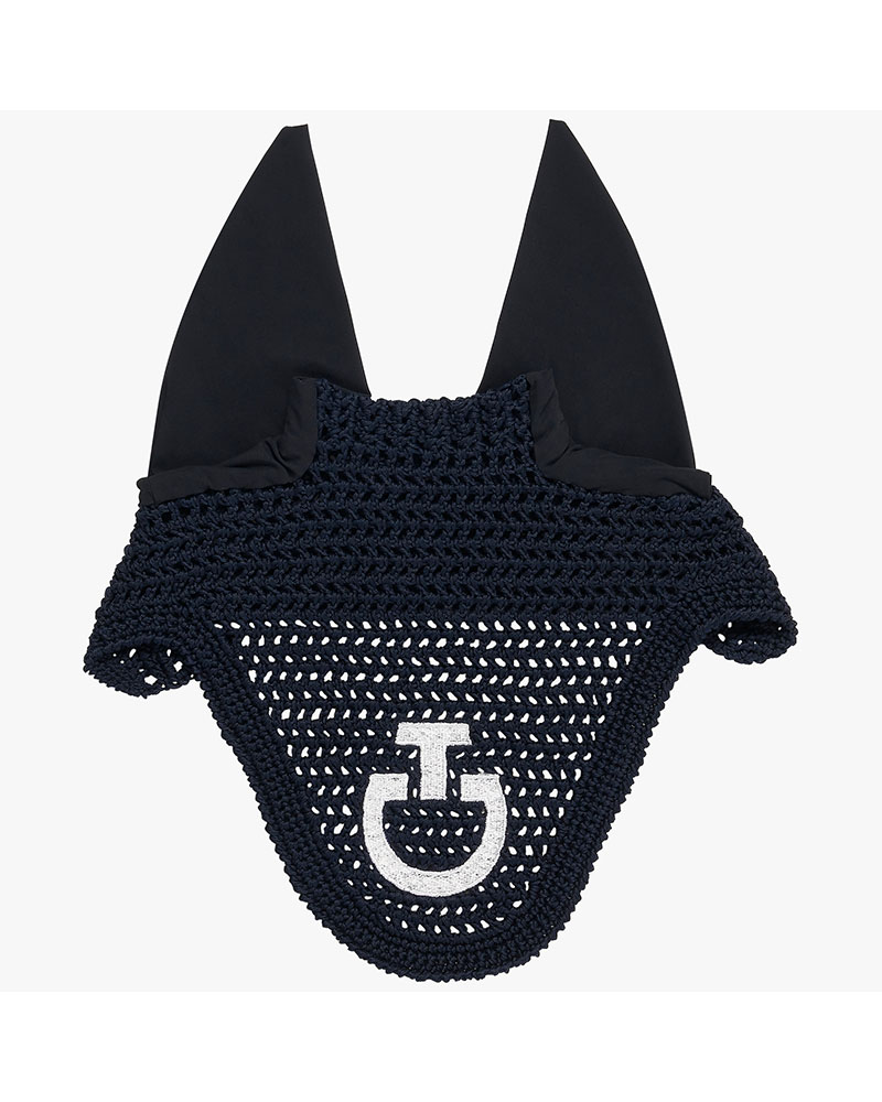 Bonnet en crochet bleu marine avec logo blanc et fines oreilles élastiques pour cheval et poney - Cavalleria Toscana