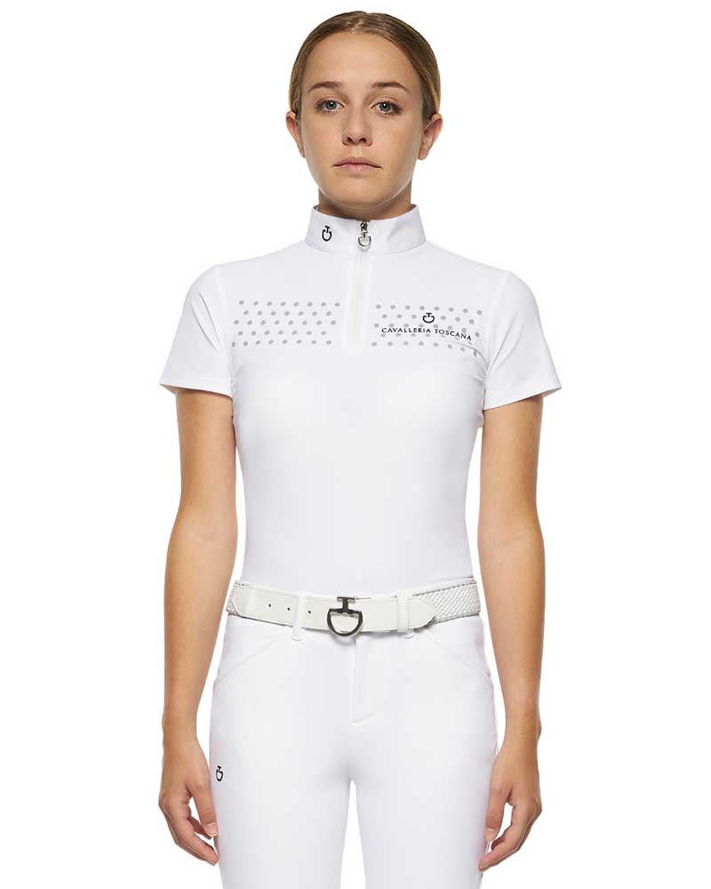 Polo de competición de manga corta blanco con topos azul claro para niña - Cavalleria Toscana