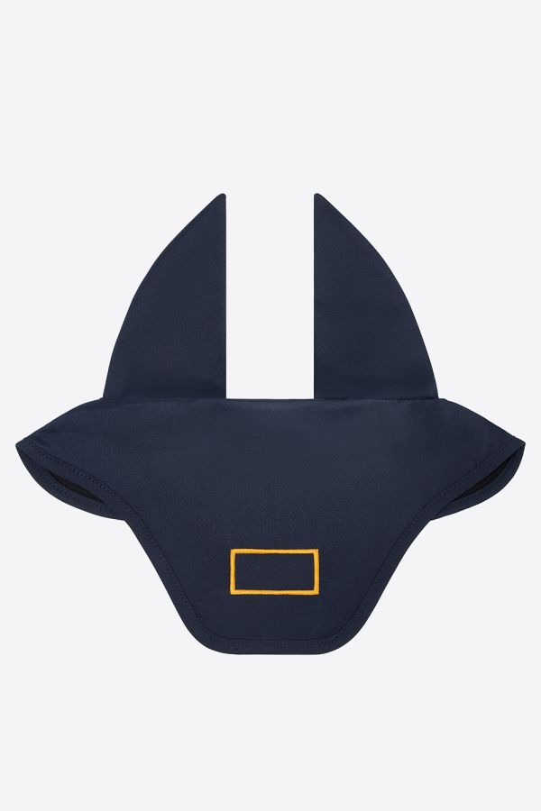 Bonnet bleu marine avec logo brodé en orange et fines oreilles élastiques pour cheval et poney - RG