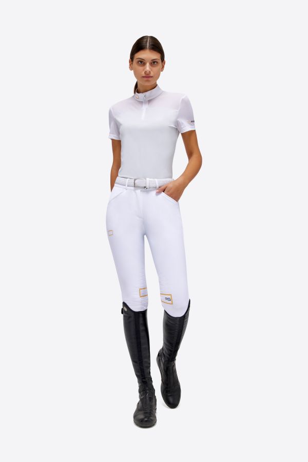 Polo de compétition à manches courtes avec zip et insert en maille blanc et gris pour femme - RG