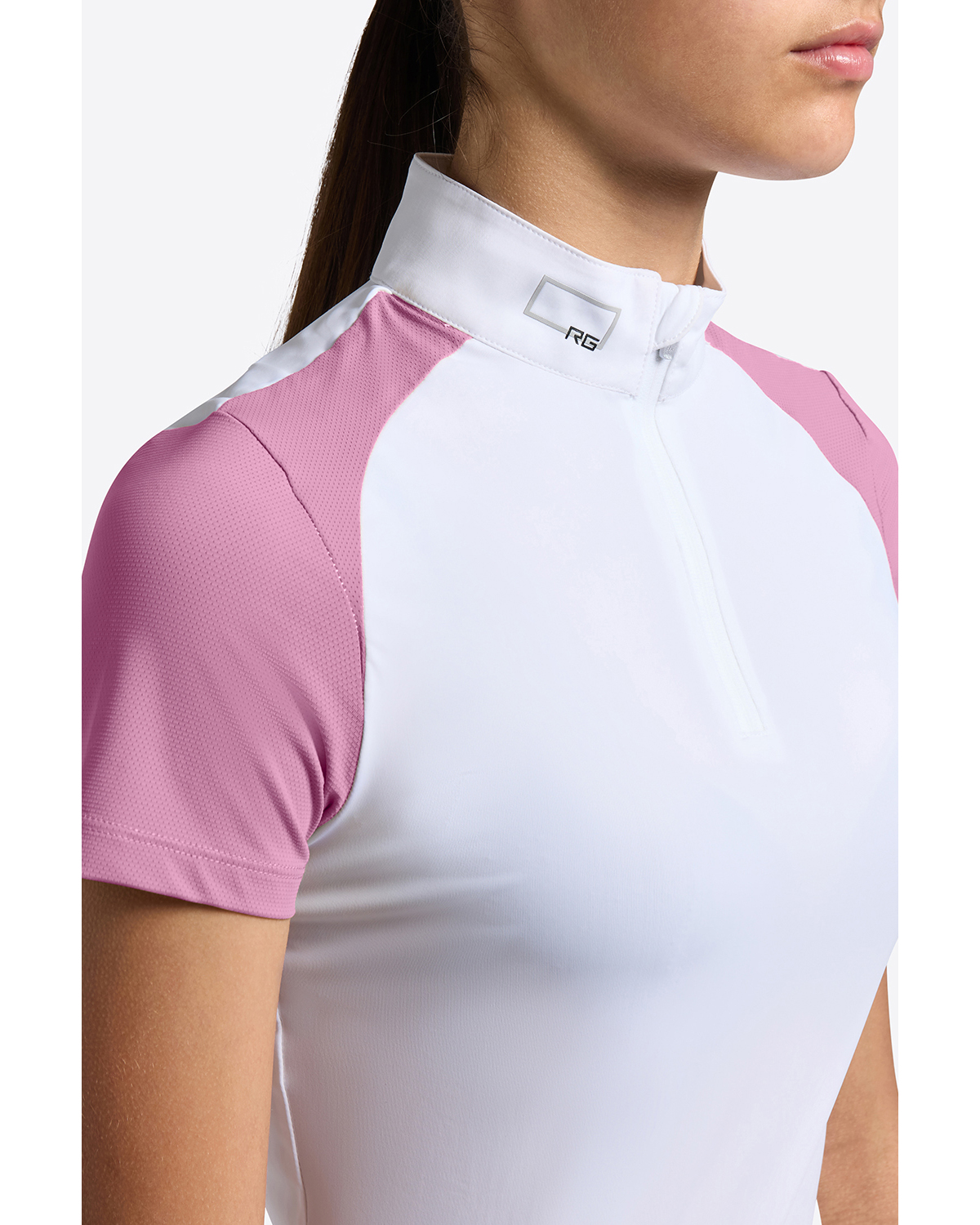 Polo de competición de manga corta blanco con detalles en rosa para niña - RG