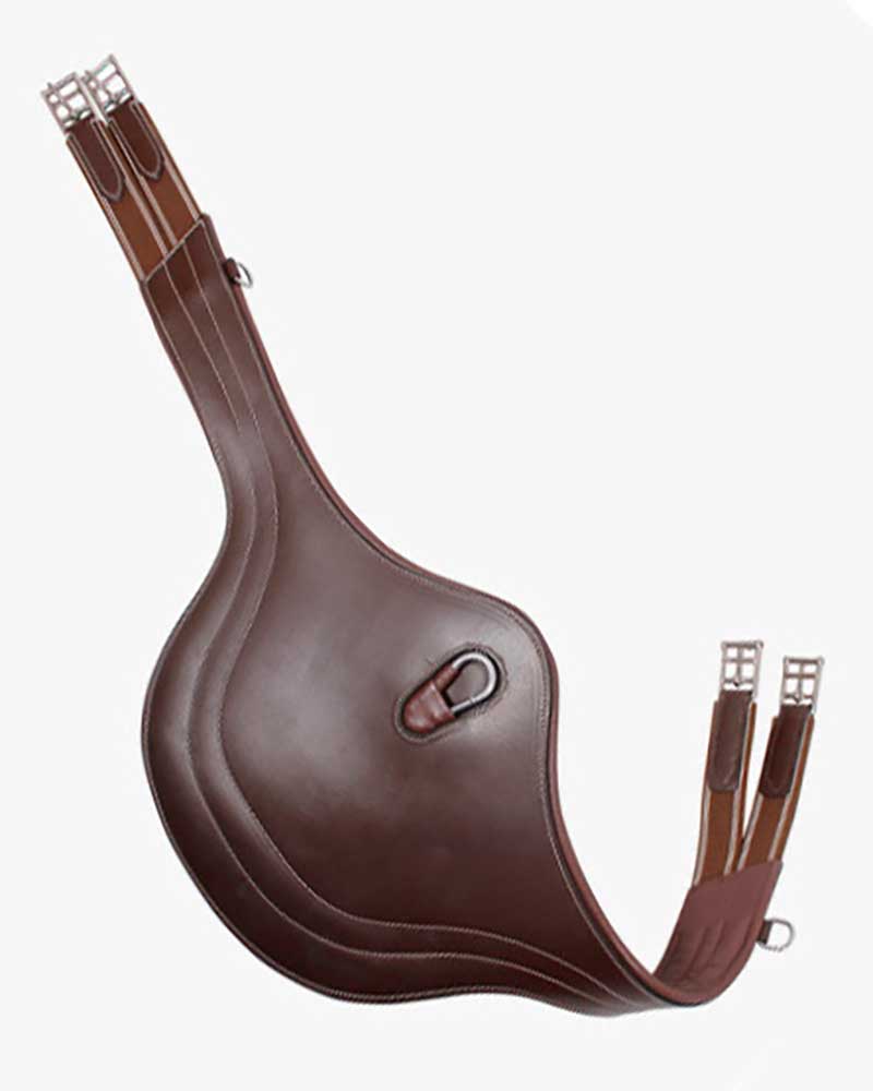 Cincha barriguera de piel marrón con protector de vientre y costuras para caballo y pony - QHP