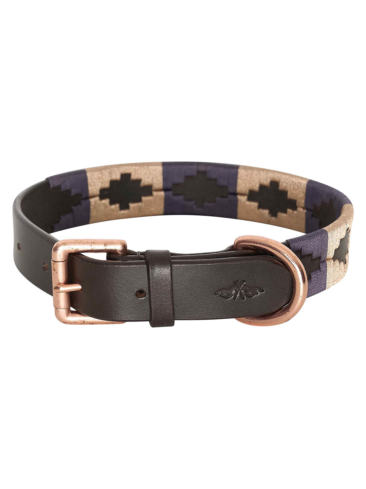 Brown leather dog collar with light brown and navy blue embroidery - HV POLO