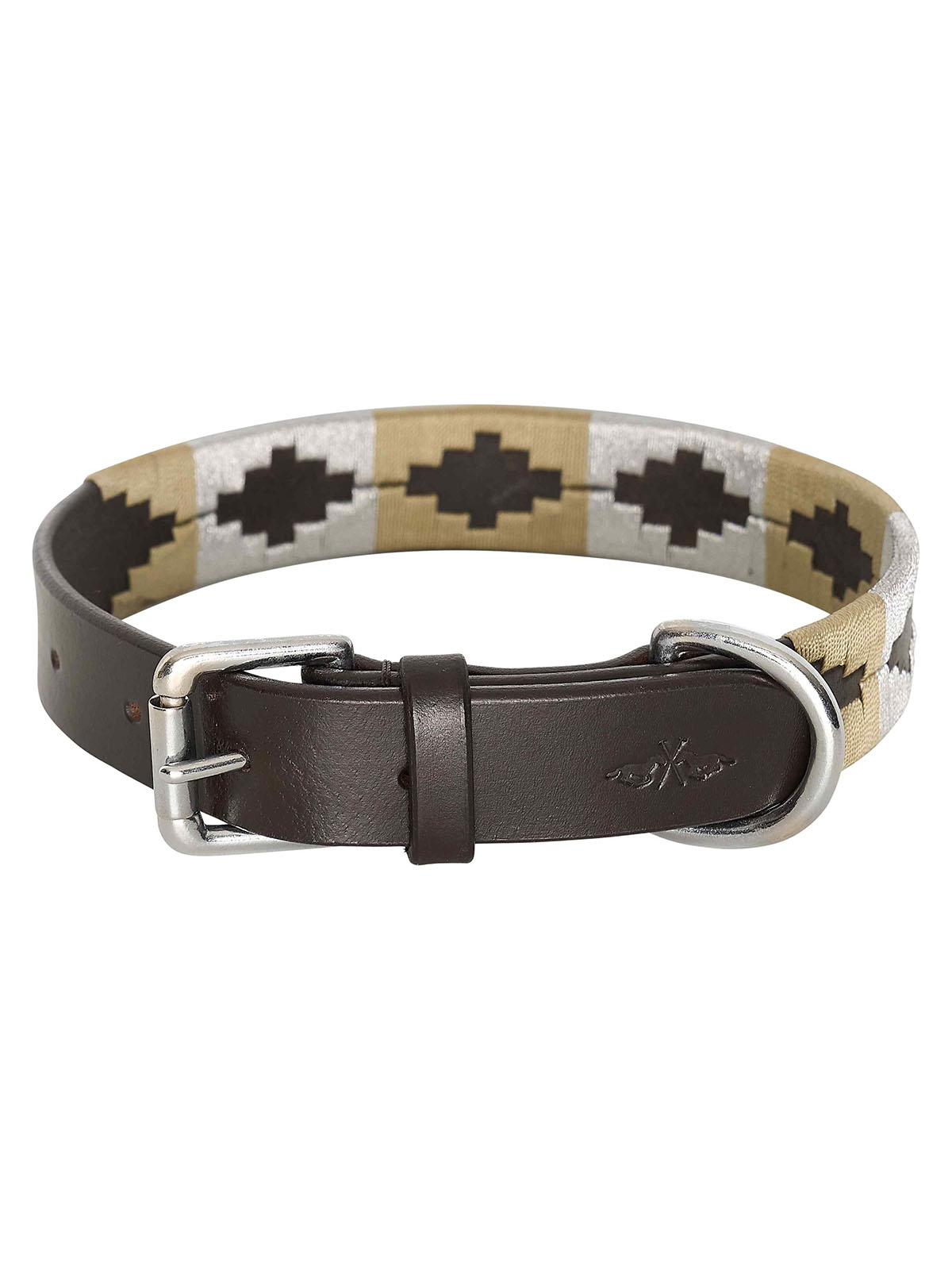 Brown leather dog collar with shiny silver and brown embroidery - HV POLO